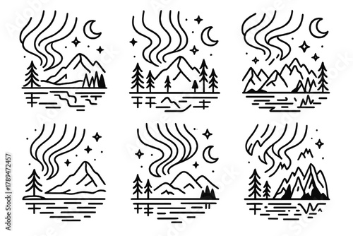 Aurora Over Frozen Lake. Aurora Reflections linear icon set: northern lights, frozen lake, stars, pine trees, mountain, moon.