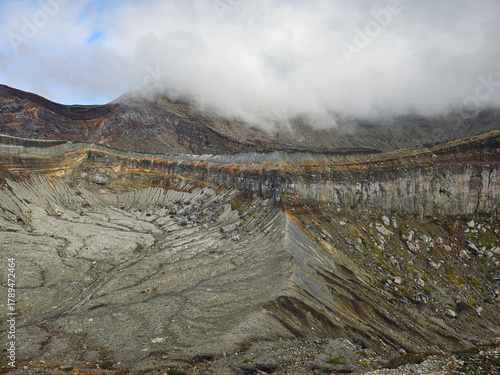 Unique landscape of the crater of Nakadake in Mount Aso Japan with rock and mountain background