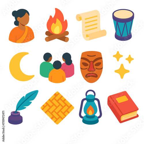 Folk Story Icons. Folk Story Icons modern flat icons set: storyteller figure, firelight, open scroll, musical drum, moon, gathered people, carved mask, stars, quill pen, woven mat,