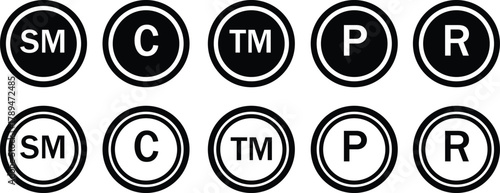 Copyright and registered trademark vector symbols set, intellectual property protection icons collection, legal rights logo design, black and white circle signs