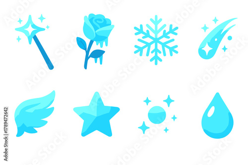 Icy Magic Icons. Icy Magic modern flat icons set: wand, frozen flower, snowflake, glitter trail, frost wing, star, glow, droplet.