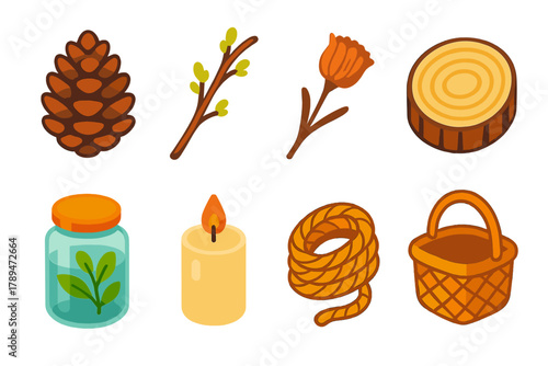 Minimalist Nature Icons. Natural Accents modern flat icons set: pinecone, branch, dried flower, wood slice, jar, candle, rope, basket.