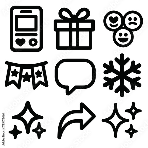 Brutalist Holiday Icons. Interactive Holiday Posts silhouette icon set: mobile feed, wrapped gift, reaction emojis, snowflake, festive banner, comment bubble, share icon, sparkles.