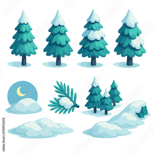 Frosted Pines Icons. Frosted Pines modern flat icons set: tall spruce trees, heavy snow caps, moonlit snow, icy needles, frozen forest floor, snowy ridge, soft shadows, winter
