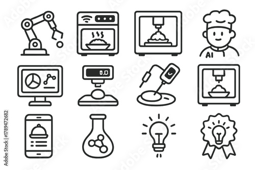 Futuristic Cooking Icons. Tech-Driven Experimental Cuisine outline icons: robot arm, smart oven, 3D food printer, AI chef, data dashboard, precision scale, food sensor, plating