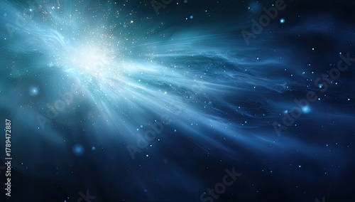 Celestial vista; luminous burst radiating through ethereal blue nebulae. Light, cosmic dust
