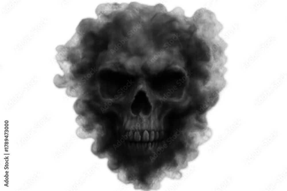 Fototapeta premium Black smoke and fog forming an evil, spooky skull with a menacing face. Representing fear, horror, and danger on a transparent background