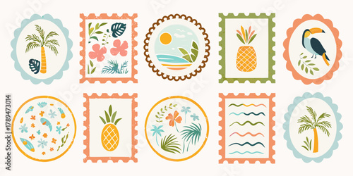 Collection of colorful tropical themed postage stamps featuring palm trees pineapples toucans and ocean scenes