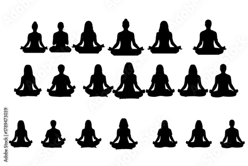 black silhouettes of people meditating, breathing, sitting in lotus pose