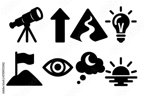Bold Motivational Icons. Motivational Vision silhouette icon set: telescope, upward arrow, mountain path, glowing light bulb, goal flag, open eye, dream cloud, sunrise horizon.
