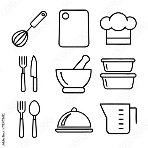 Collection of kitchen utensils and cooking equipment icons in a clean outline style