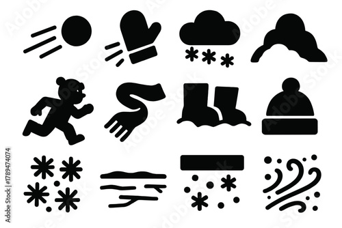 Winter Icon Set. Frosty Fun Set silhouette icon set: snowball in air, mitten toss, snow cloud, snow pile, running child, scarf trail, boots in snow, hat pom, flurry burst, icy