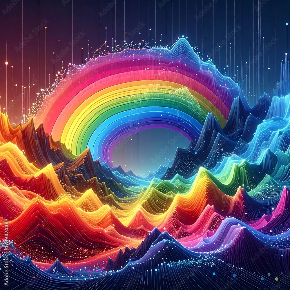 Fototapeta premium A vibrant digital illustration features a rainbow arcing over abstract, wave-like terrain of layered colors, sparkling lights