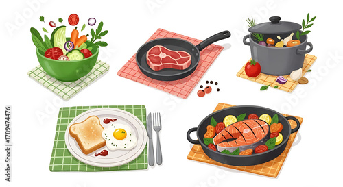 Assortment of delicious food illustrations including salad steak and salmon image