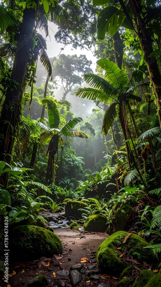 Fototapeta premium Lush Tropical Rainforest A Pathway Through Dense Greenery, Capturing Nature's Beauty and Serenity