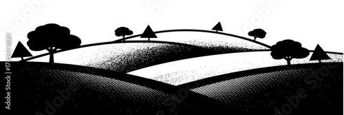 Stylized black and white landscape of rolling hills with scattered trees and texture shading, minimalist monochrome nature background, abstract countryside illustration.