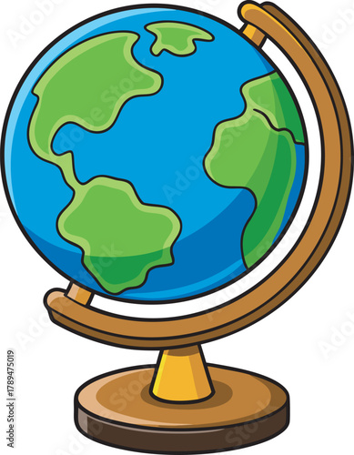 Sturdy Cartoon Desk Globe Illustration Prominently Featuring North America and Asia, Vector for Global Communication and Business Theme