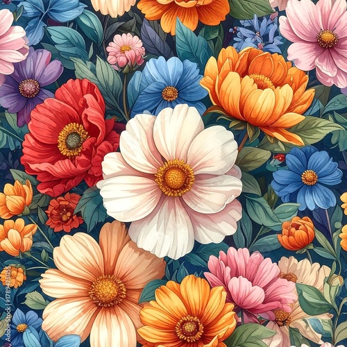 Wallpaper Mural A vibrant, seamless floral pattern in full bloom, showcasing various flower types and colors, set against a dark blue backdrop Torontodigital.ca