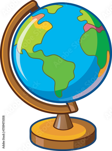 Cartoon World Globe Tilted on Axis Displaying South America and Surrounding Regions, Vector for Travel and International Education