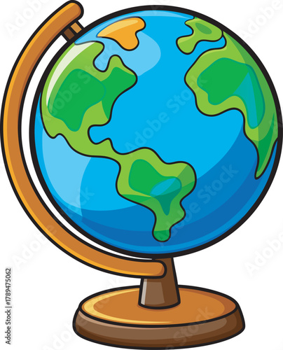 Cute 2D Cartoon Illustration of Colorful Globe with Earth Map on Wooden Stand, Emphasizing North and South America, Isolated Vector