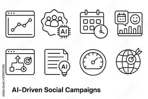 AI Marketing Tools. AI-Driven Social Campaigns linear icon set: predictive engagement chart, audience segmentation badge, automated post scheduler, sentiment analysis dashboard,