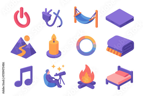 Unplug & Recharge Icons. Unplug & Recharge modern flat icons set: power button, unplug sign, hammock, mountain path, candlelight, breathing circle, closed laptop, cozy blanket,