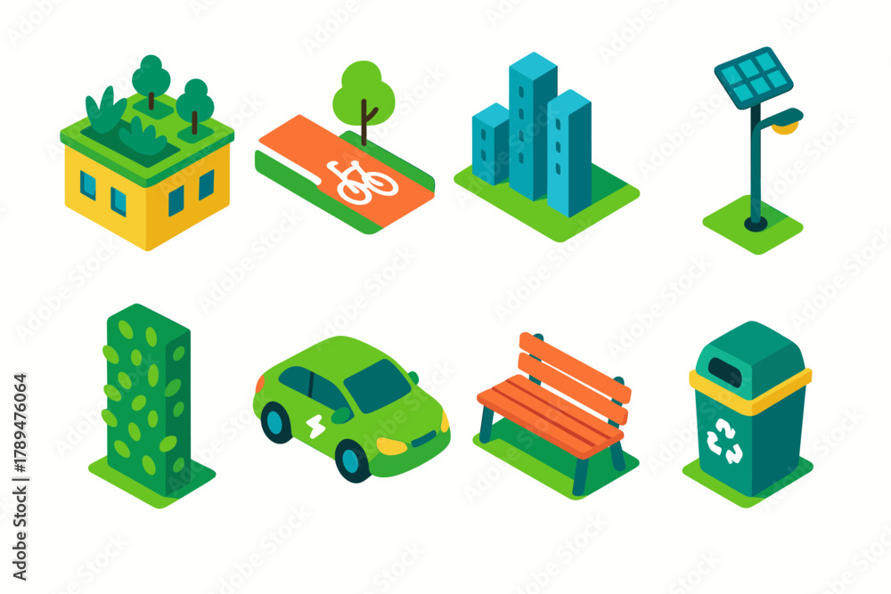 Fototapeta premium Green City Icons. Green Urban Design modern flat icons set: rooftop garden, bike path, city skyline, solar streetlight, vertical greenery, electric car, park bench, recycling bin.