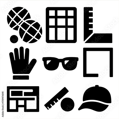Bocce Icon Essentials. Bocce Match Essentials silhouette icon set: bocce balls, pallino target, score card, ruler, boundary lines, glove, sunglasses, hat.