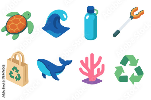Eco-Friendly Ocean Icons. Plastic-Free Seas modern flat icons set: turtle, wave, reusable bottle, trash picker, eco bag, whale, coral, recycle icon.