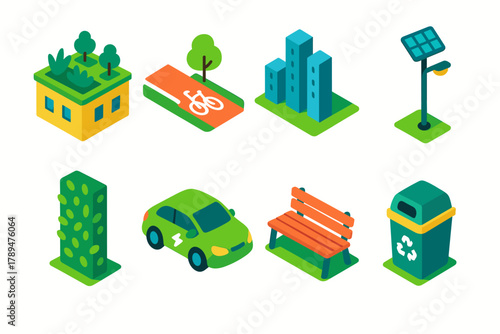 Green City Icons. Green Urban Design modern flat icons set: rooftop garden, bike path, city skyline, solar streetlight, vertical greenery, electric car, park bench, recycling bin.