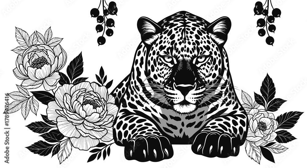 Fototapeta premium Leopard in flowers. Floral pattern with leopard and flowers. Modern decor. Template for paper, textile, wallpaper. Black and white vector illustration. Transparent PNG version.