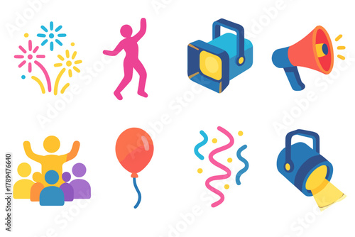 Festival Icons Collection. Festival Energy modern flat icons set: fireworks, dancer silhouette, stage light, megaphone, crowd, balloon, streamer, spotlight.