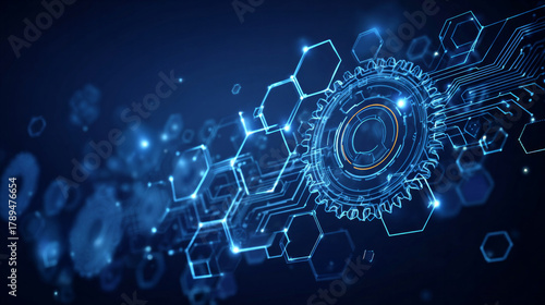 A blue and orange image of gears and hexagons