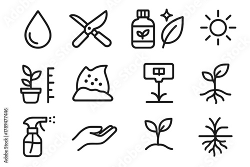 Houseplant Care Icons. Houseplant Care Icons linear icon set: water droplet, pruning shears, fertilizer bottle, leaf shine, growth chart, potting mix, plant label, sunlight rays,