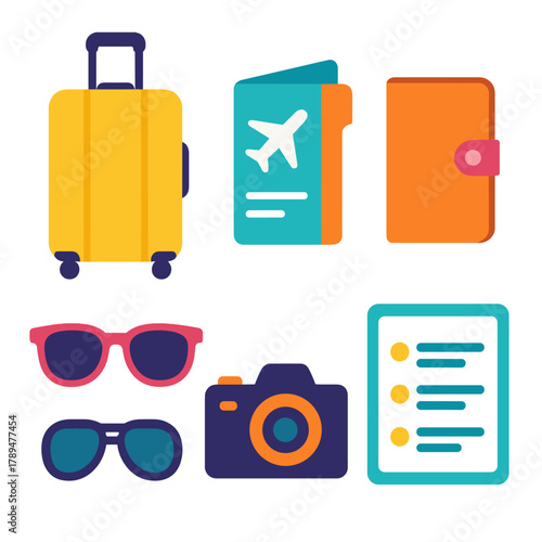 Modern Travel Icons. Travel Essentials flat icons: luggage, boarding pass, travel wallet, sunglasses, camera, itinerary sheet.