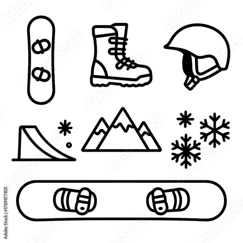 Snowboard Icon Set. Snowboarding linear icon set: snowboard, snowboard boots, helmet, snow ramp, mountains, snowflakes.