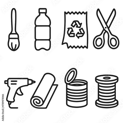 Craft Tools Icons. Creative Reuse linear icon set: paintbrush, bottle, fabric scrap, scissors, glue gun, paper roll, tin can, thread spool.