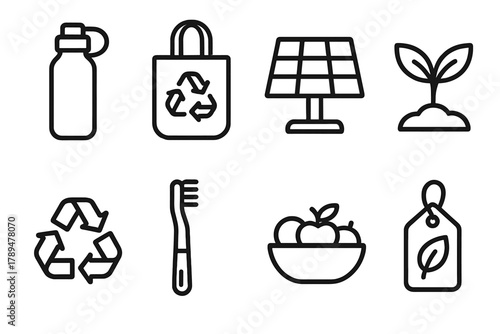 Eco-Friendly Icons Collection. Sustainable Habits linear icon set: reusable bottle, tote bag, solar panel, plant sprout, recycling symbol, bamboo toothbrush, bowl of fruit, eco