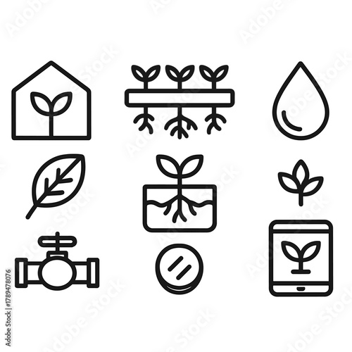 Hydro Farming Icons. Sustainable Hydro Farming linear icon set: greenhouse, pipe system, roots, nutrient solution, water droplet, leaf, valve, tablet.