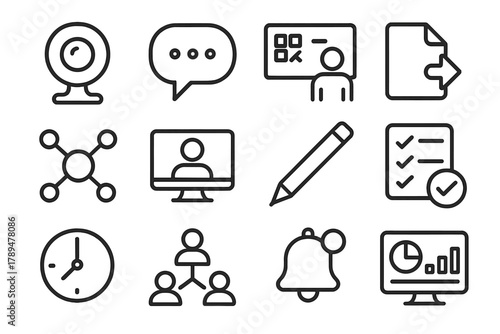 Digital Collaboration Tools. Remote Collaboration linear icon set: webcam, messaging bubble, virtual whiteboard, shared file icon, network nodes, online meeting, digital pen,