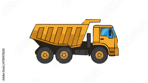 Illustration of a yellow dump truck, a heavy-duty construction vehicle for industrial projects, isolated on a white background