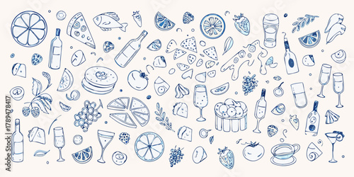 Whimsical blue line art food and drink doodles pattern with fruits vegetables and party items