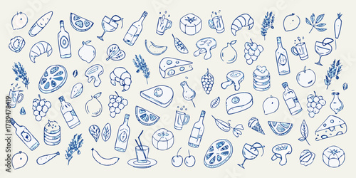 Collection of hand drawn food and drink illustrations in blue ink on a light background