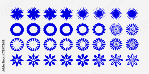 Collection of abstract blue geometric starburst and floral shapes on a white background