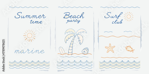 Triptych of hand drawn summer beach and marine illustrations with text for vacation and party themes