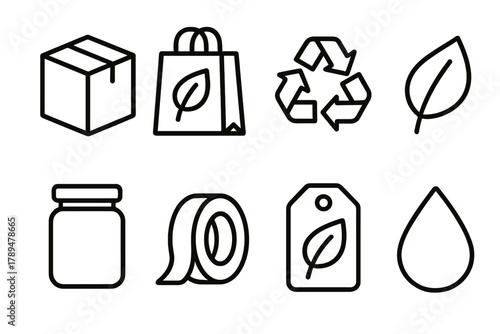 Eco-Friendly Icon Set. Eco-Friendly Packaging linear icon set: cardboard box, paper bag, recycling symbol, leaf icon, glass jar, tape roll, eco label, droplet.