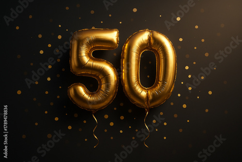 Number 50. 50 years old. Gold balloons number 50th anniversary, Happy birthday congratulations.