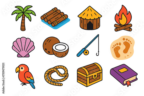 Island Survival Icons. Robinson Crusoe Day – Island Survival modern flat icons set: palm tree, raft, wooden hut, campfire, seashell, coconut, fishing pole, footprints in sand,