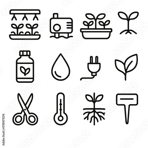 Hydroponics Icon Set. Hydroponic Microgreens Icons linear icon set: grow light, water pump, tray, seedling, nutrient bottle, droplet, plug, leaf, scissors, thermometer, root system