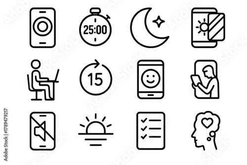 Healthy Tech Habits Icons. Healthy Tech Habits linear icon set: focus app, digital timer, sleep moon, blue light filter, healthy posture, time limit icon, positive reminder,